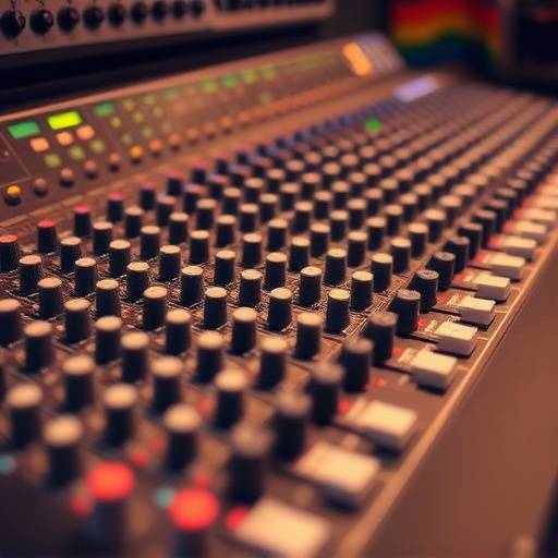 Una console di missaggio audio con numerosi fader e manopole